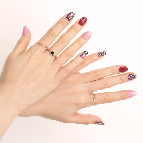 This set is elegant and tasteful. Dark shell pink and wine hue shows off your fearless and joyous spirit. A hint of gold foil gets you ready for the show.  